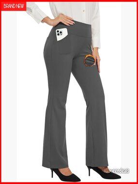 Fleece Lined Work Pants, Water-Resistant Thermal Flare Leggings with Pockets